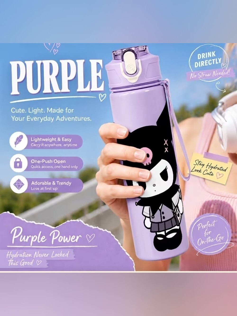 Purple Character Water Bottle - Cute Kawaii Design